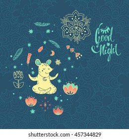 Good night. vector illustration with mouse. cute cartoon character on forest glade with wonderful flowers. 