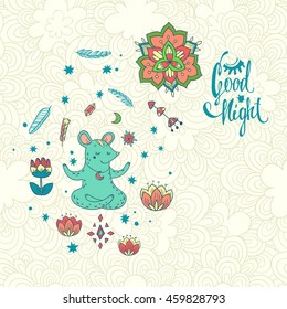 Good night. vector illustration with mouse wizard on wonderful glade