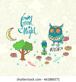 Good night. vector illustration with owl. cute cartoon character on forest glade with tree and moon