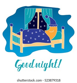 Good night vector illustration with sleeping moon and stars.