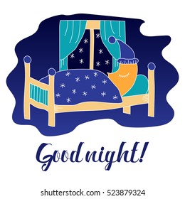Good night vector illustration with sleeping moon and stars.