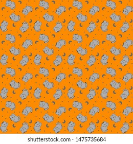 Good night vector pattern with gray kittens on an orange background. Bright seamless pattern for textile, surface, fabric, wrapping paper design.