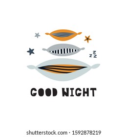 Good night vector print for nursery design, cut pillows and stars.
