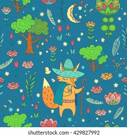 Good night. vector seamless pattern with wonderful forest glade. doodle illustration with moon, trees, flowers and cute cartoon character in cloak and with staff. Fox wayfarer in night magic forest