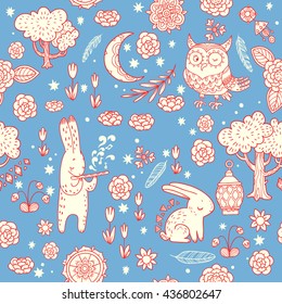 Good night. vector seamless pattern with cute characters on the wonderful glade. hand drawn illustration of rabbits and owl in night forest