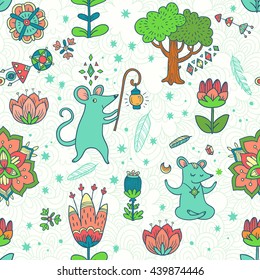 Good night. vector seamless pattern with mouses. cute cartoon characters on forest glade with tree and wonderful flowers. 
