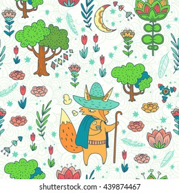 Good night. vector seamless pattern with fox. cute cartoon character on forest glade with tree and wonderful flowers. 