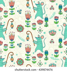 Good night. vector seamless pattern with mouses. cute cartoon characters on forest glade with wonderful flowers. 