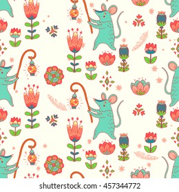 Good night. vector seamless pattern with mouses. cute cartoon characters on forest glade with wonderful flowers. 