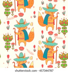 Good night. vector seamless pattern with wonderful glade. doodle illustration with flowers and cute cartoon character in cloak and with staff. Fox wayfarer in magic forest