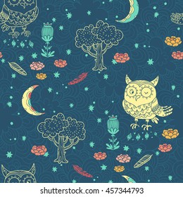 Good night. vector seamless pattern with owl. cute cartoon characters on forest glade with tree and moon 