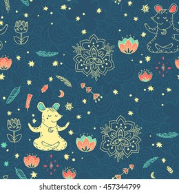Good night. vector seamless pattern with mouses. cute cartoon characters on forest glade with wonderful flowers. 