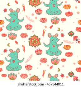 Good night. vector seamless pattern with mouses. cute cartoon characters on forest glade with wonderful flowers. 