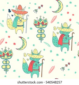 Good night. Vector seamless pattern with fox and wonderful flowers.