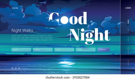Good night walks cartoon landing page with full moon in sky with stars fluffy clouds above ocean water reflecting moonlight way. Romantic nighttime promenade at midnight landscape vector web banner
