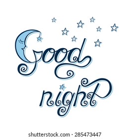 Good night word written in calligraphy style. Handwritten script. Vector illustration.