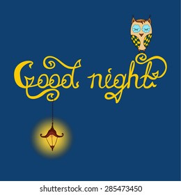 Good night word written in calligraphy style. Handwritten script. Vector illustration.