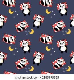 Good night world.Cartoon so cute panda sleep on pillow red.moon star background.pattern seamless vector and illustration.