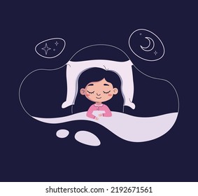 A good night's sleep banner. Sleepy girl is fast asleep, lying in the bed under soft duvet. Sleep tight, snoozing, slumbering, reposing, resting concept. Flat vector illustration