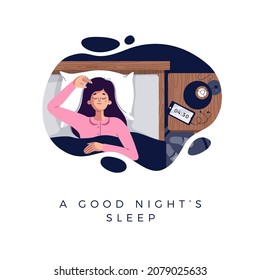 Un cartel de sueño de buena noche. La joven mujer somnolienta está durmiendo rápidamente, tumbada en la cama bajo un suave edredón. Dormir apretado, dormir con la siesta adulta, sonreír, deambular, posar, descansar. Ilustración vectorial plana