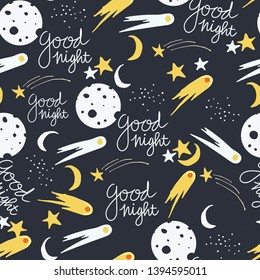 good night-space-night with dark blue-navy background vector seamless pattern - Great for wallpaper,backgrounds,gifs,surface pattern design,packaging design projects, stationary,fabric