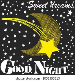Good Night.Sweet dreams.Big yellow moon made from lines.Moon and stars.Stars.Shooting star.Nature.Evening.