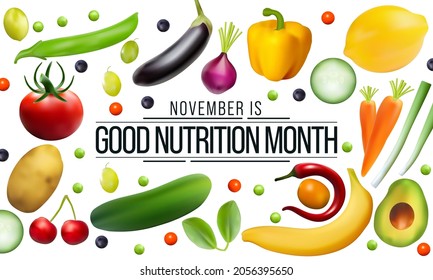 Good Nutrition Month Is Observed Every Year In November, Promotes Global Awareness And Action For Those Who Suffer From Hunger And For The Need To Ensure Healthy Diets For All. Vector Illustration