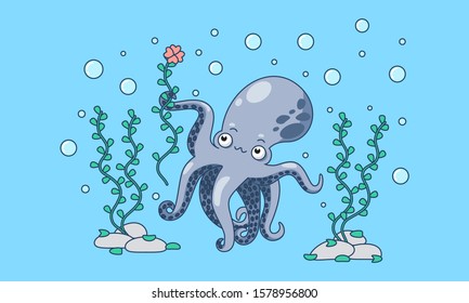 
A good octopus under water in the ocean found a flower among the algae.