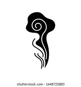 Good odor black glyph icon. Perfume scent swirl. Flavored fume smell. Aroma air wave, fume. Smoke puff, steam curl, evaporation. Silhouette symbol on white space. Vector isolated illustration