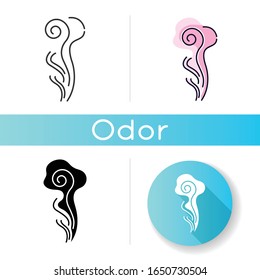 Good odor icon. Perfume scent swirl. Flavored fume smell. Aroma air wave, fume. Smoke puff, evaporation. Aromatic fragrance flow. Linear black and RGB color styles. Isolated vector illustrations