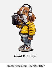 buen slogan de los viejos tiempos con un perro callejero genial sosteniendo ilustración de audio boombox vectorial