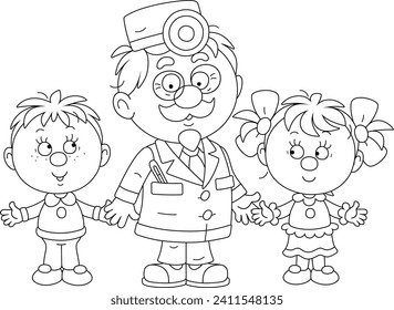 Good old doctor and happy little boy and girl talking about healthy lifestyle at home and at school, black and white vector cartoon illustration for a coloring book