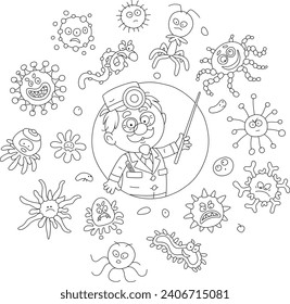 Good old doctor with a pointer surrounded by funny and angry virus and bacterium monsters at a medical lecture, black and white outline vector cartoon illustration for a coloring book