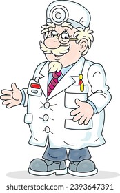 Good old doctor in a white hospital gown, friendly smiling and gesturing while talking, vector cartoon illustration on a white background