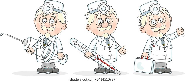 Good old doctor in a white hospital gown with a syringe, a thermometer and a first aid medical case, set of vector cartoon illustrations isolated on a white background