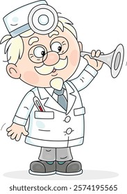 Good old doctor in a white hospital gown holding a stethoscope for listening to a patient to make a diagnosis, vector cartoon illustration isolated on white