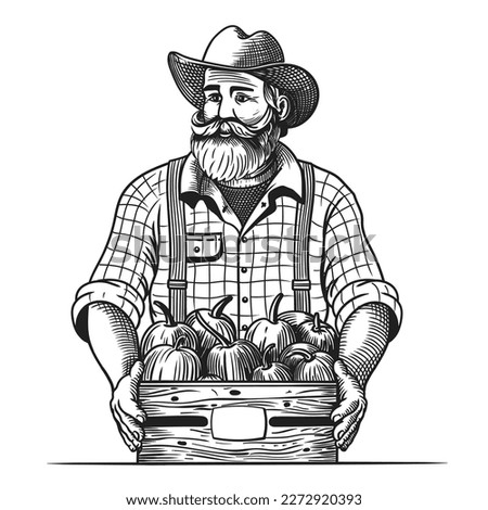 A good old farmer with a beard in a hat holds a box with an autumn harvest of pumpkins. Figure isolated on white background.
