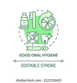 Good oral hygiene green concept icon. Take care of veneers abstract idea thin line illustration. Use mouthwash after meal. Isolated outline drawing. Editable stroke. Arial, Myriad Pro-Bold fonts used