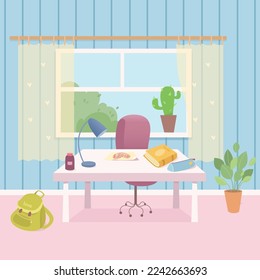 Good organization of kids place for study vector illustration. Cartoon clean home room with tidy table, window with curtains behind desk, neat school books, notebooks and lamp after cleaning