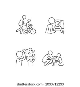 Juego de iconos lineales de crianza. Aprendiendo a montar en bicicleta. Enfrentando la enfermedad de los niños. Golpear burbujas juntas. Símbolos de contorno de línea delgada personalizables. Ilustraciones aisladas del contorno vectorial. Trazo editable