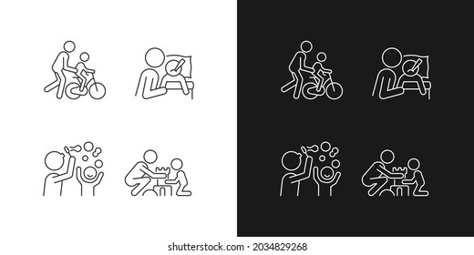 Good parenting linear icons set for dark and light mode. Learning to ride bike. Blow bubbles together. Customizable thin line symbols. Isolated vector outline illustrations. Editable stroke