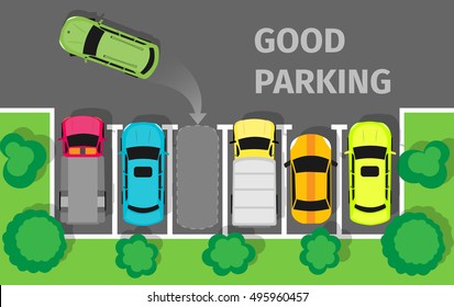 Good Parking. Car Parked In Appropriate Way. Intelligent Polite, Courteous, Civil Car Driver. Parking Zone Conceptual Web Banner. Respectful Driver In Parking Lot Or Car Park. Vector In Flat Style