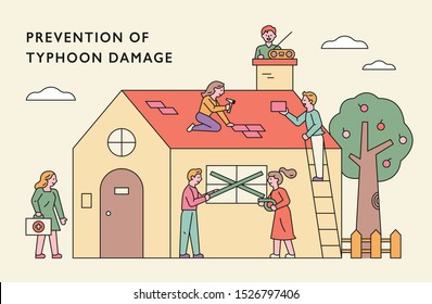 Good people to fix the house together. flat design style minimal vector illustration.