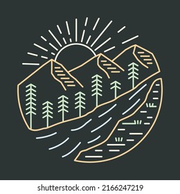 Good place of nature with river, mountains, and sunrise graphic illustration vector art t-shirt design