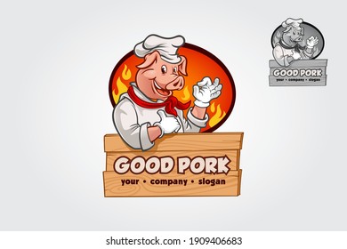 Good Pork Vector Logo Template. High quality piggy chef logo mascot illustration.