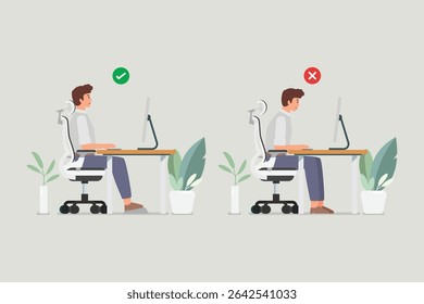 Good position vs bad incorrect posture for sitting at computer desk. Vector illustration