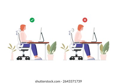 Good position vs bad incorrect posture for sitting at computer desk. Vector illustration