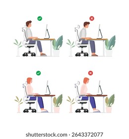 Good position vs bad incorrect posture for sitting at computer desk. Vector illustration