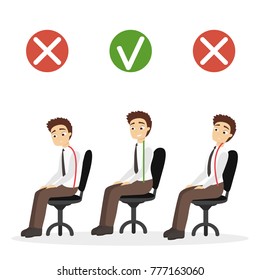 Good posture set. Man with bad and good spine sitting in office.