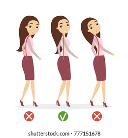 Good posture set. Woman with bad and good spine.
